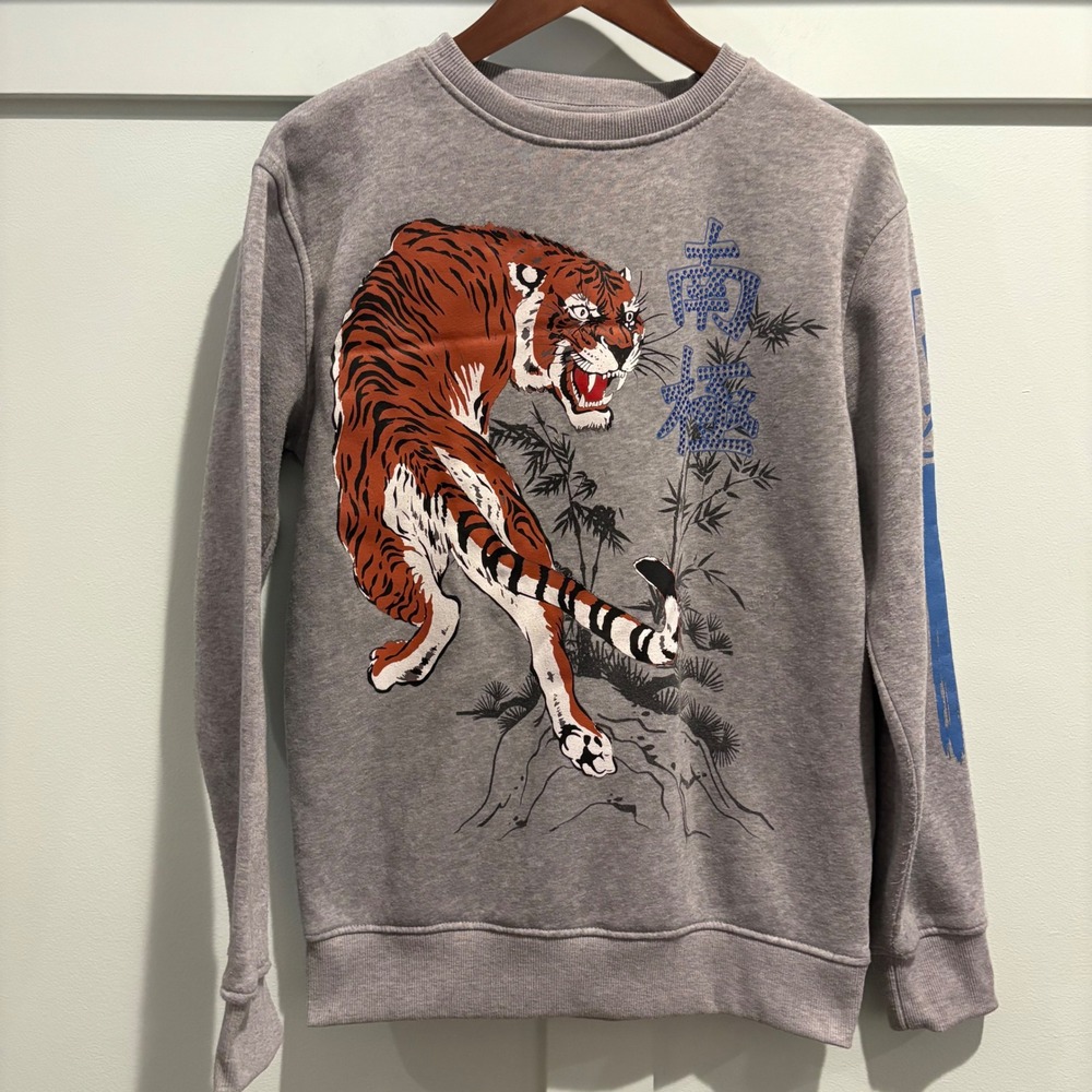 Southpole‎ Tiger Graphic Sweatshirt Youth XL Gray Rhinestone Kanji Streetwear